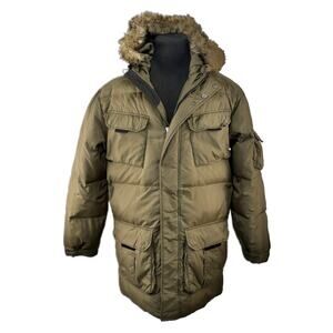 Eddie Bauer Dark Green Quilted Nylon Goose Down Coat - Men's Size M